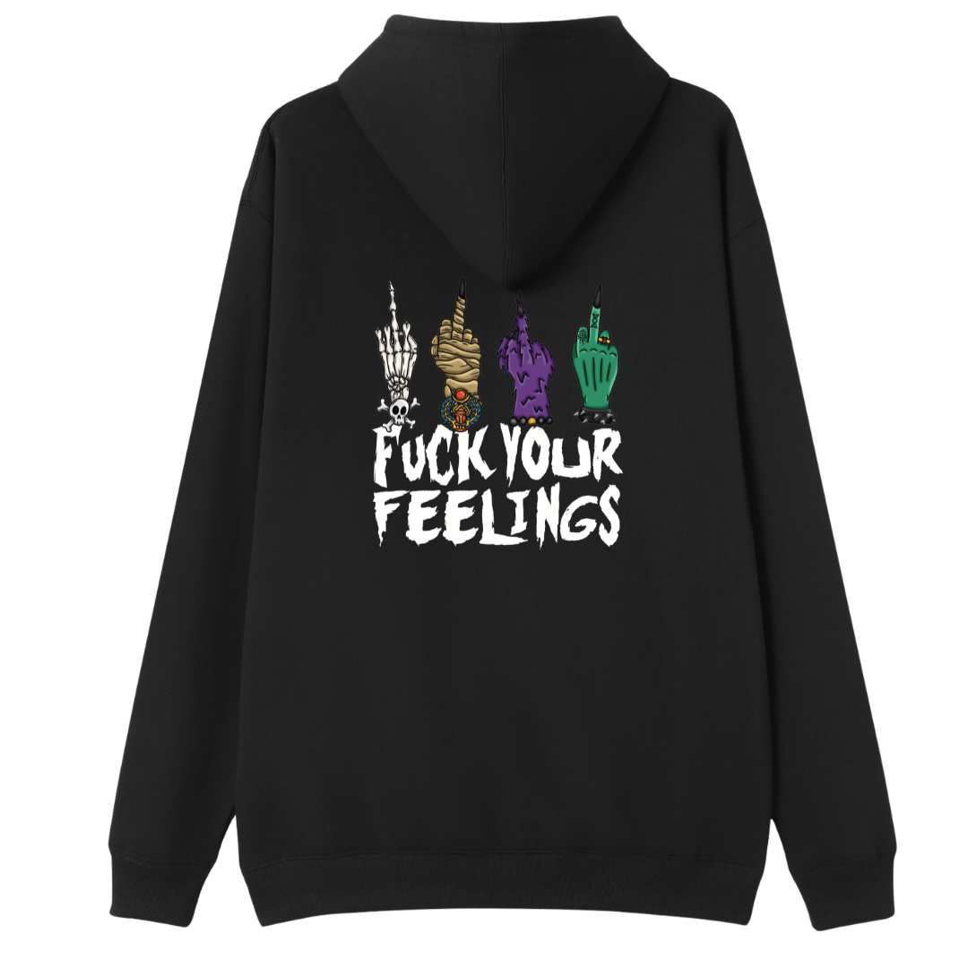 A black oversized zip up hoodie shown from the back, with the Fuck Your Feelings graphic printed large across the back, skeleton, mummy, werewolf and witch hands flipping the bird.