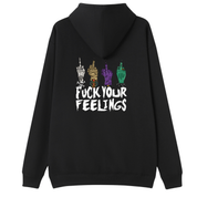 A black oversized zip up hoodie shown from the back, with the Fuck Your Feelings graphic printed large across the back, skeleton, mummy, werewolf and witch hands flipping the bird.