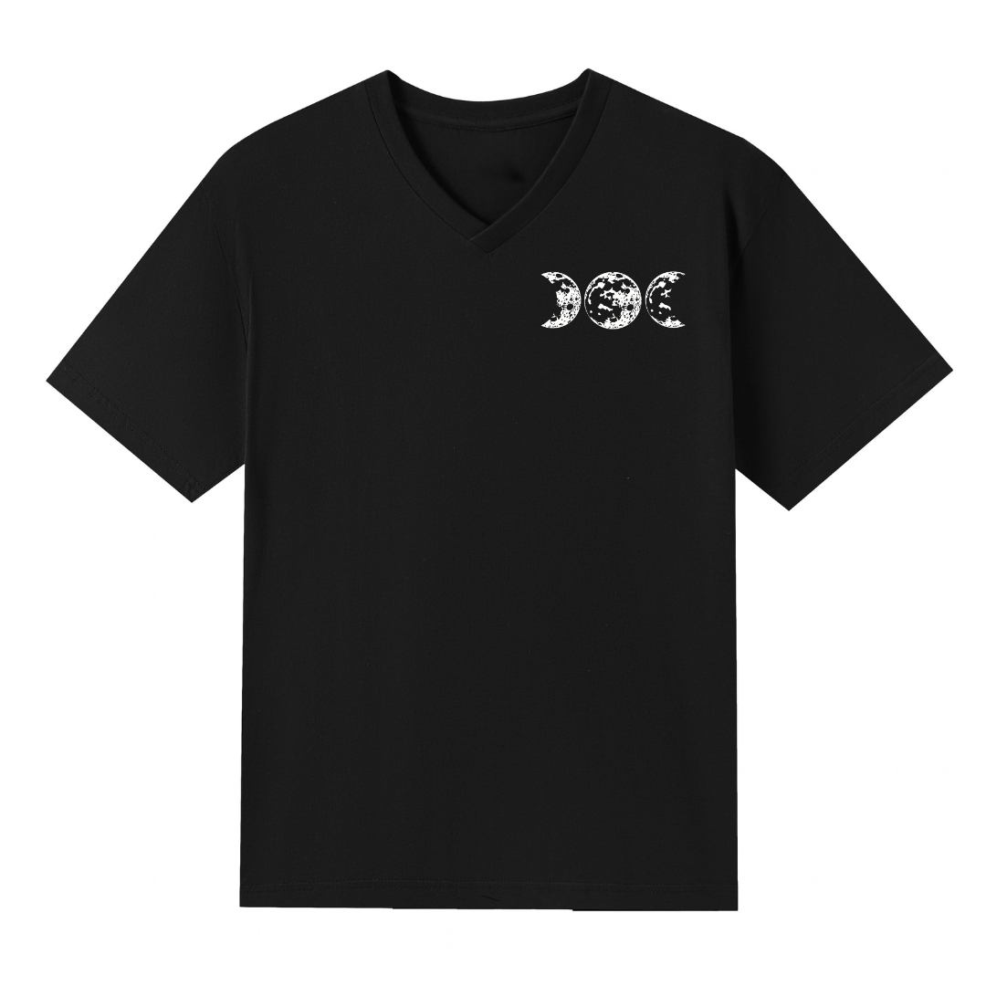 A black V neck oversized tee with a small Support Your Local Coven graphic on the left chest.