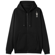 A black oversized zip up hoodie with a small Fuck Your Feelings graphic on the left chest.