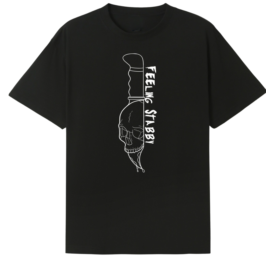A black oversized tee with the Feeling Stabby graphic printed large on the front, a line drawn skull on a knife blade.