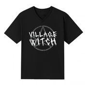 A black V neck oversized tee with the Village Witch graphic printed large on the front, scratchy lettering over a weathered pentagram.
