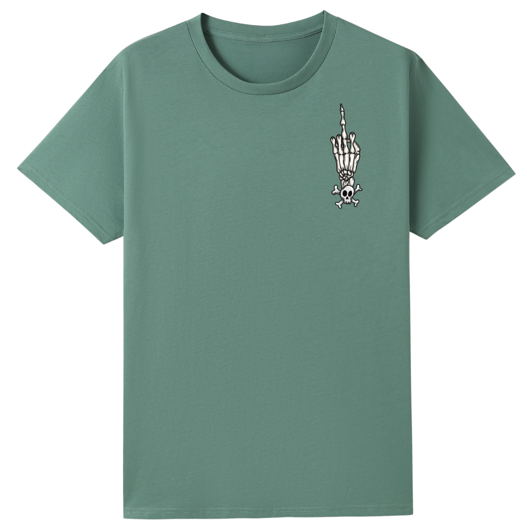 A slate green oversized tee with a small Fuck Your Feelings graphic on the left chest.