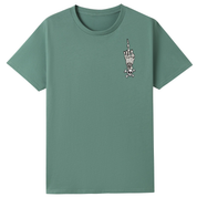 A slate green oversized tee with a small Fuck Your Feelings graphic on the left chest.