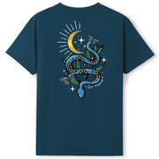 A teal oversized tee shown from the back, with the Be Magic snake graphic printed large across the back, a blue floral snake with butterflies under a crescent moon.