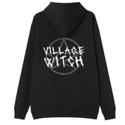 A black oversized hoodie shown from the back, with the Village Witch graphic printed large across the back, scratchy lettering over a weathered pentagram.