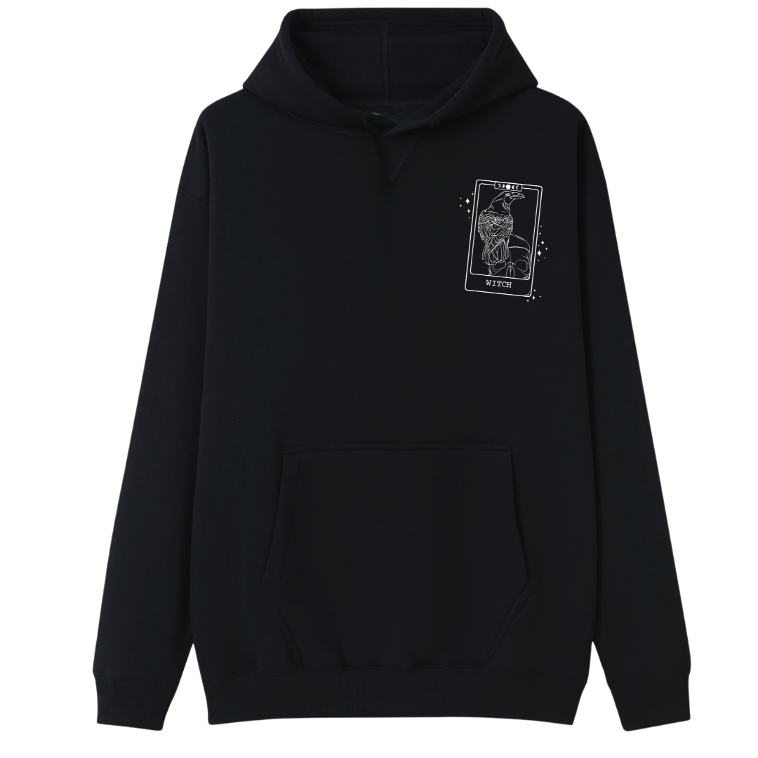 A black oversized hoodie with a small We'll Come Back Again graphic on the left chest.