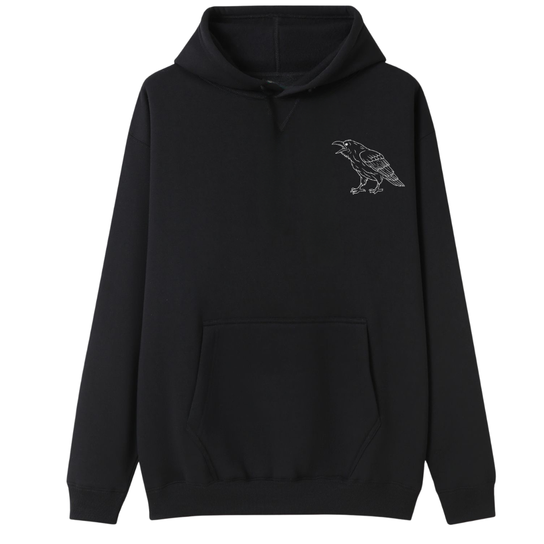 A black oversized hoodie with a small Support Your Local Murder graphic on the left chest.