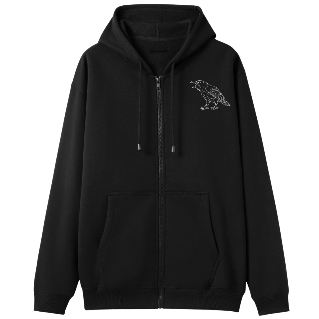 A black oversized zip up hoodie with a small Support Your Local Murder graphic on the left chest.