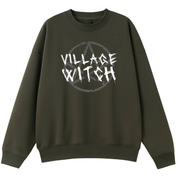 An army green oversized crew neck with the Village Witch graphic printed large on the front, scratchy lettering over a weathered pentagram.