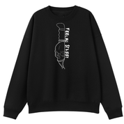 A black oversized crew neck with the Feeling Stabby graphic printed large on the front, a line drawn skull on a knife blade.