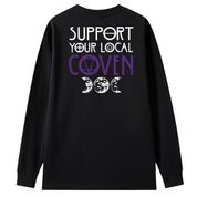 A black long sleeve tee shown from the back, with the Support Your Local Coven graphic printed large across the back, purple lettering above a triple moon.