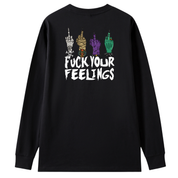 A black long sleeve tee shown from the back, with the Fuck Your Feelings graphic printed large across the back, skeleton, mummy, werewolf and witch hands flipping the bird.