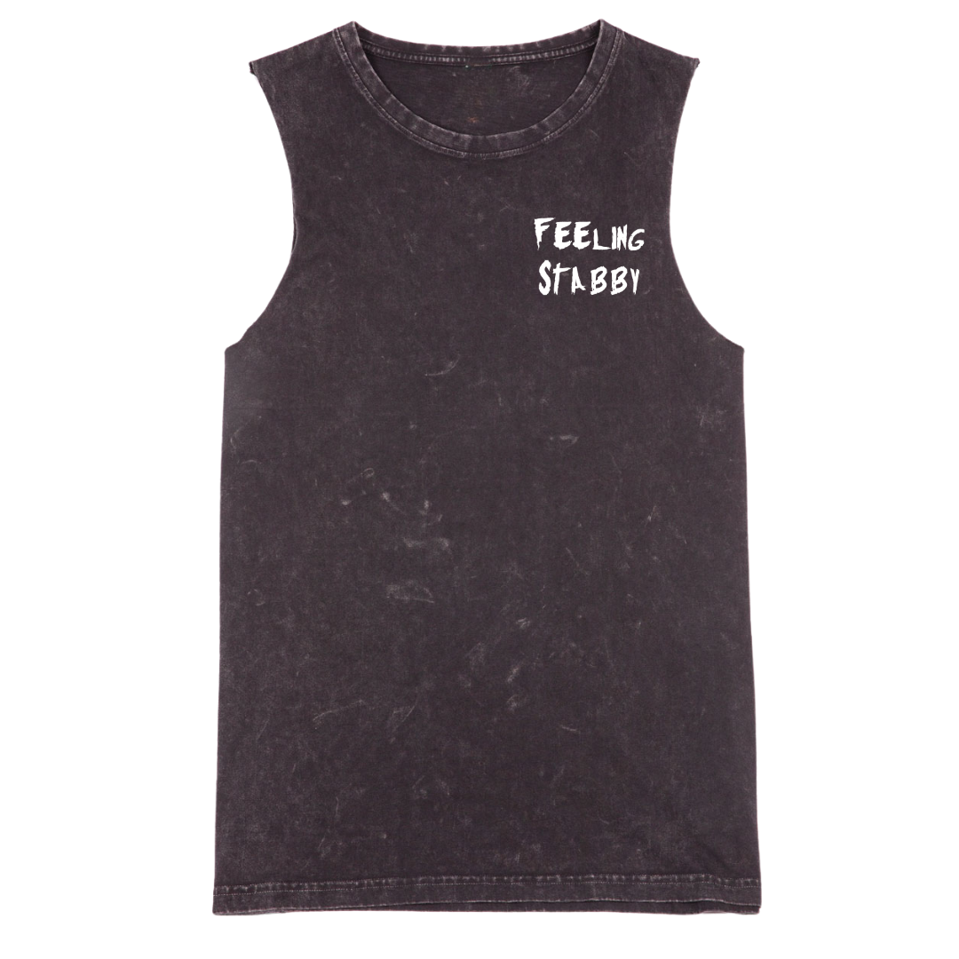 A black stone washed tank with a small Feeling Stabby graphic on the left chest.