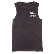 A black stone washed tank with a small Feeling Stabby graphic on the left chest.