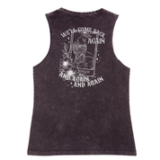 A black stone washed tank shown from the back, with the We'll Come Back Again graphic printed large across the back, a crow on a tarot card framed by flowers.