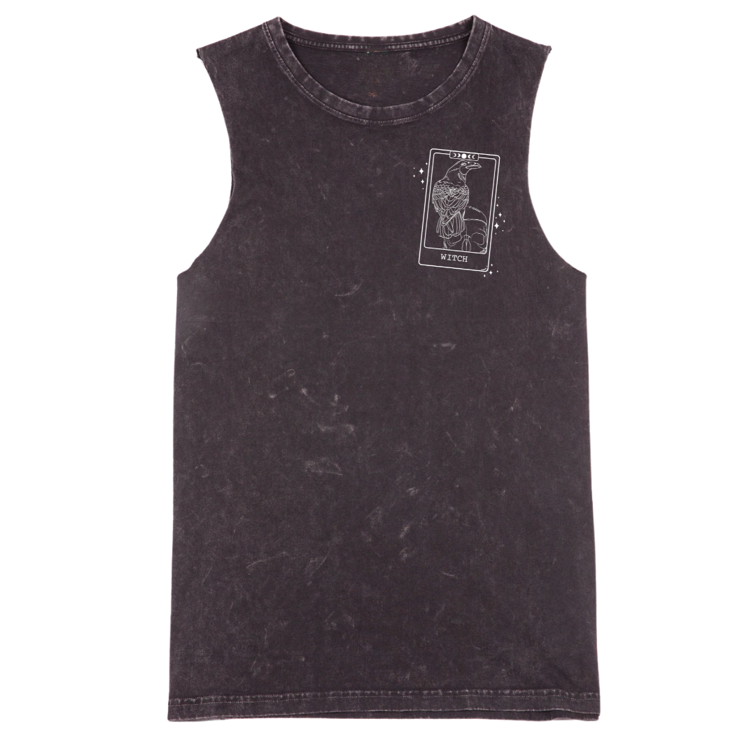 A black stone washed tank with a small We'll Come Back Again graphic on the left chest.