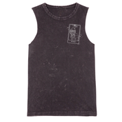 A black stone washed tank with a small We'll Come Back Again graphic on the left chest.