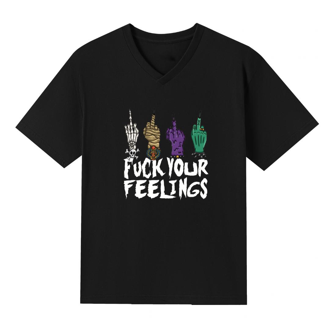 A black V neck oversized tee with the Fuck Your Feelings graphic printed large on the front, skeleton, mummy, werewolf and witch hands flipping the bird.