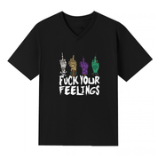 A black V neck oversized tee with the Fuck Your Feelings graphic printed large on the front, skeleton, mummy, werewolf and witch hands flipping the bird.
