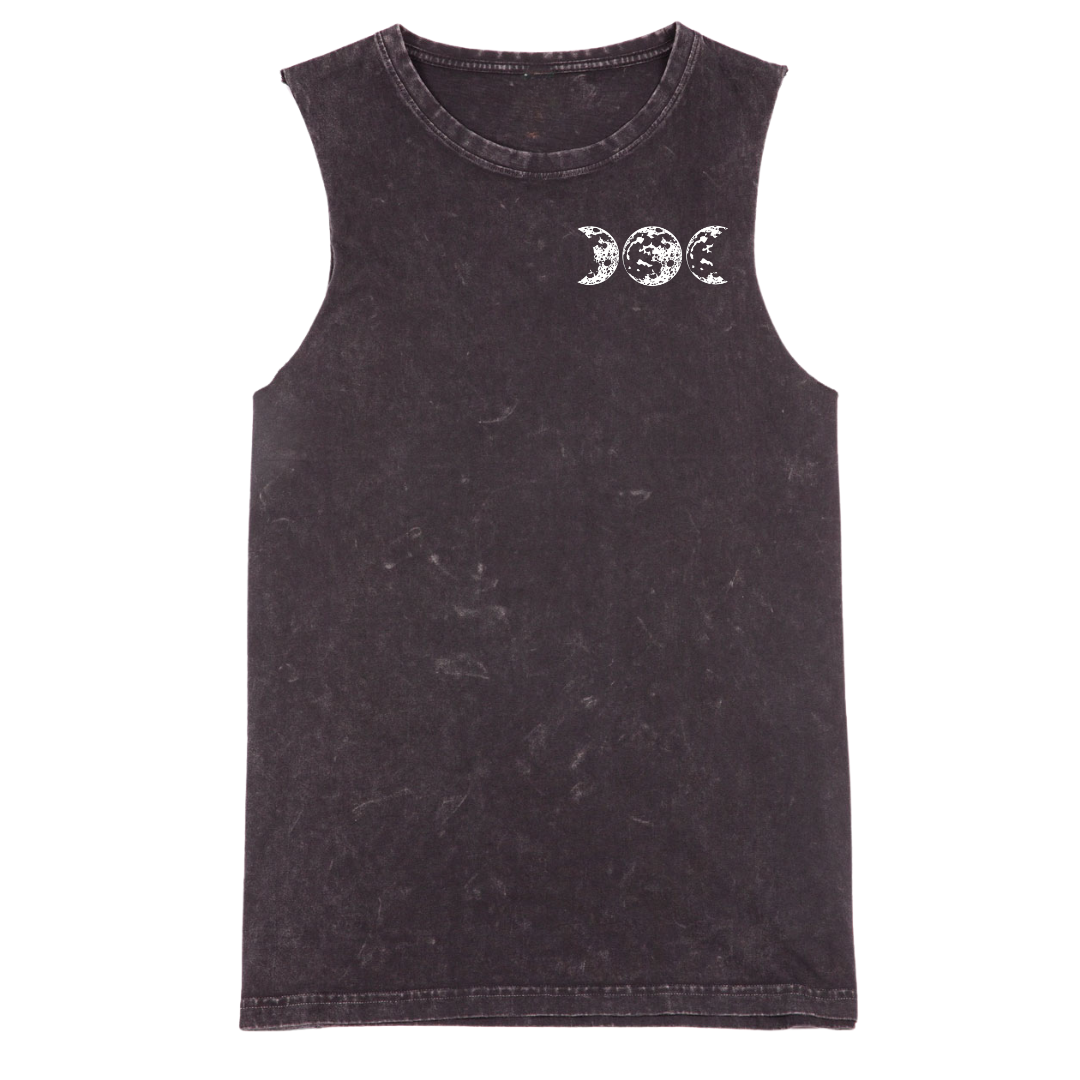 A black stone washed tank with a small Support Your Local Coven graphic on the left chest.