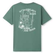 A slate green oversized tee shown from the back, with the We'll Come Back Again graphic printed large across the back, a crow on a tarot card framed by flowers.
