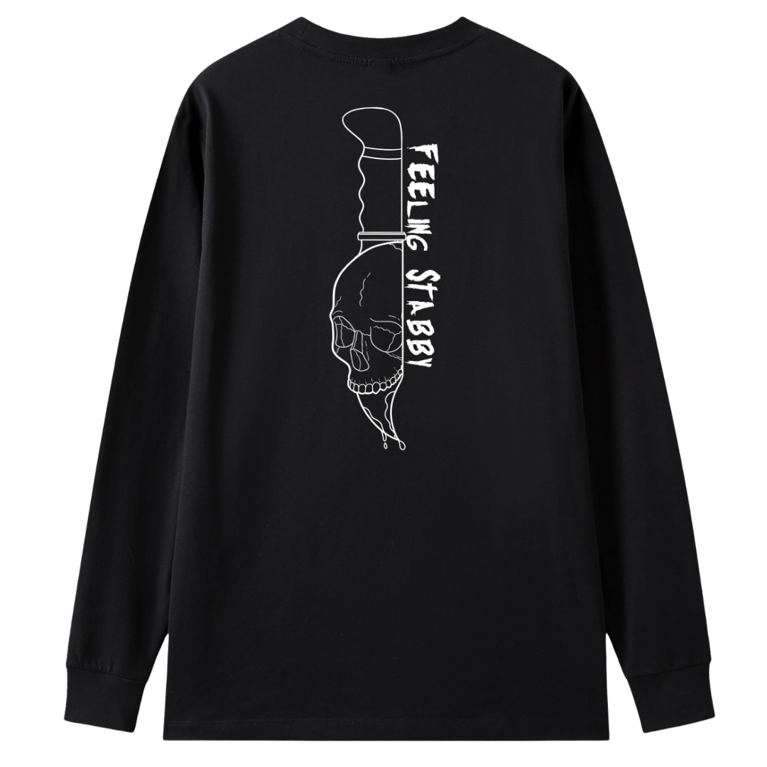 A black long sleeve tee shown from the back, with the Feeling Stabby graphic printed large across the back, a line drawn skull on a knife blade.