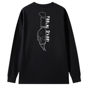 A black long sleeve tee shown from the back, with the Feeling Stabby graphic printed large across the back, a line drawn skull on a knife blade.