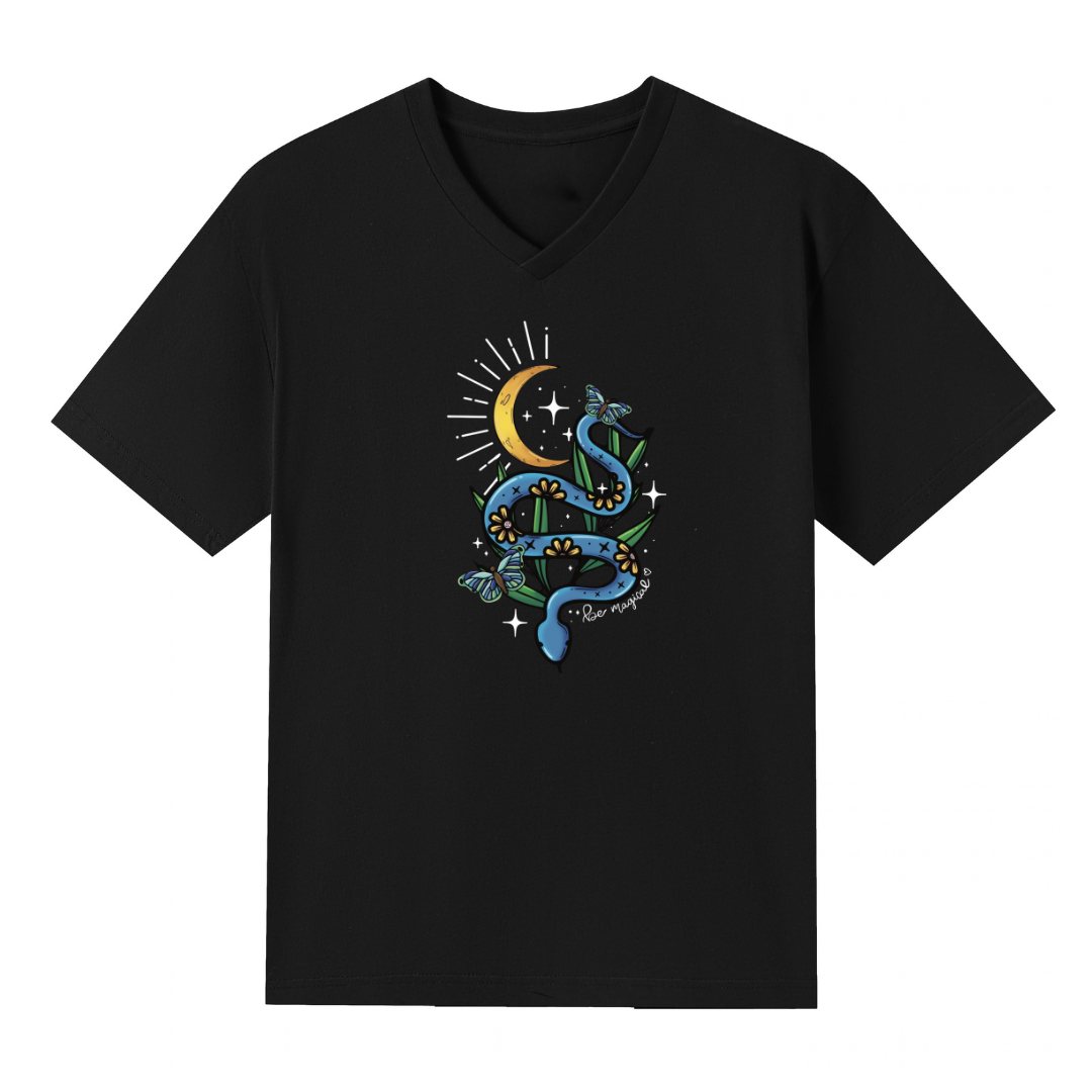 A black V neck oversized tee with the Be Magic snake graphic printed large on the front, a blue floral snake with butterflies under a crescent moon.