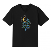 A black V neck oversized tee with the Be Magic snake graphic printed large on the front, a blue floral snake with butterflies under a crescent moon.