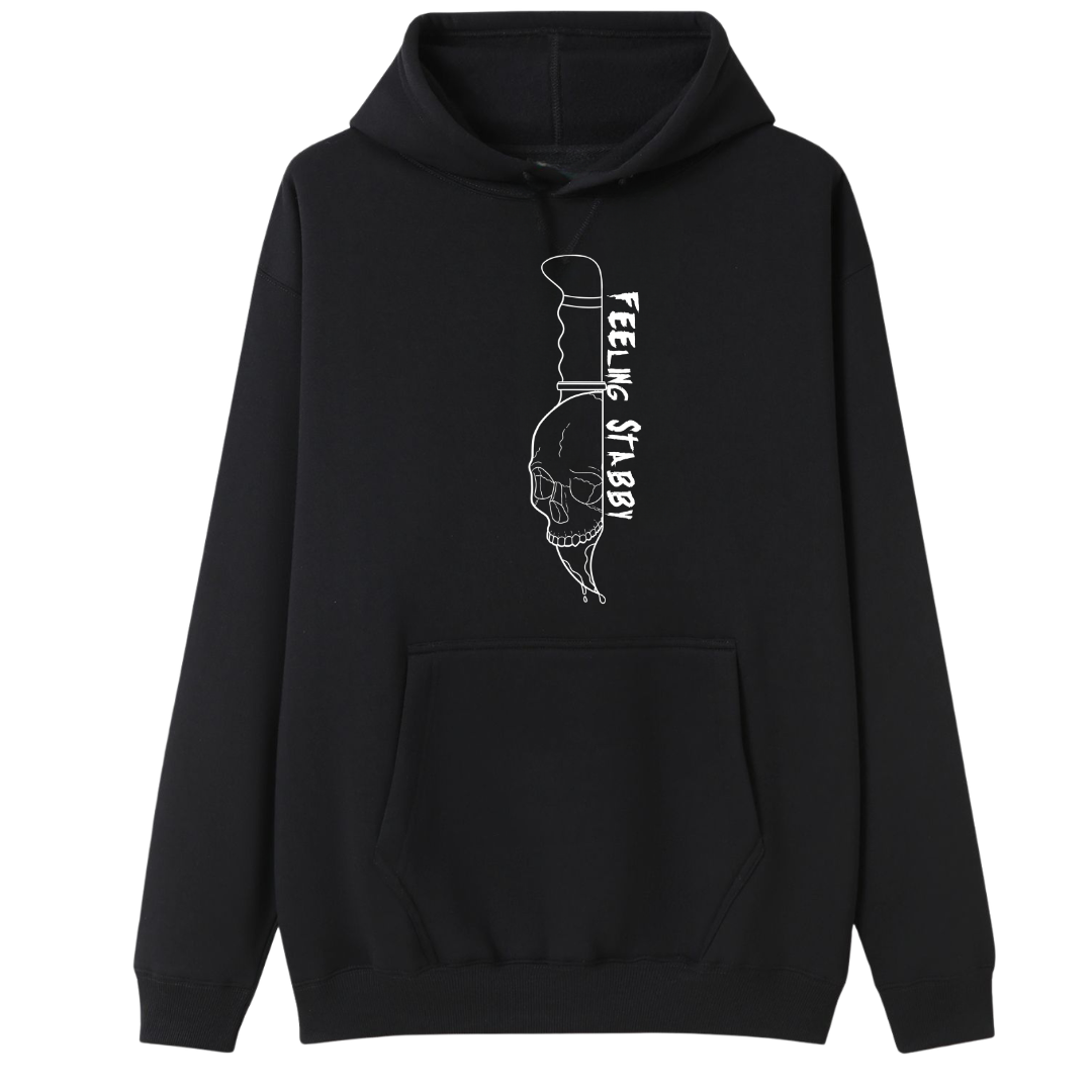 A black oversized hoodie with the Feeling Stabby graphic printed large on the front, a line drawn skull on a knife blade.