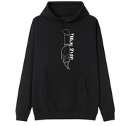 A black oversized hoodie with the Feeling Stabby graphic printed large on the front, a line drawn skull on a knife blade.