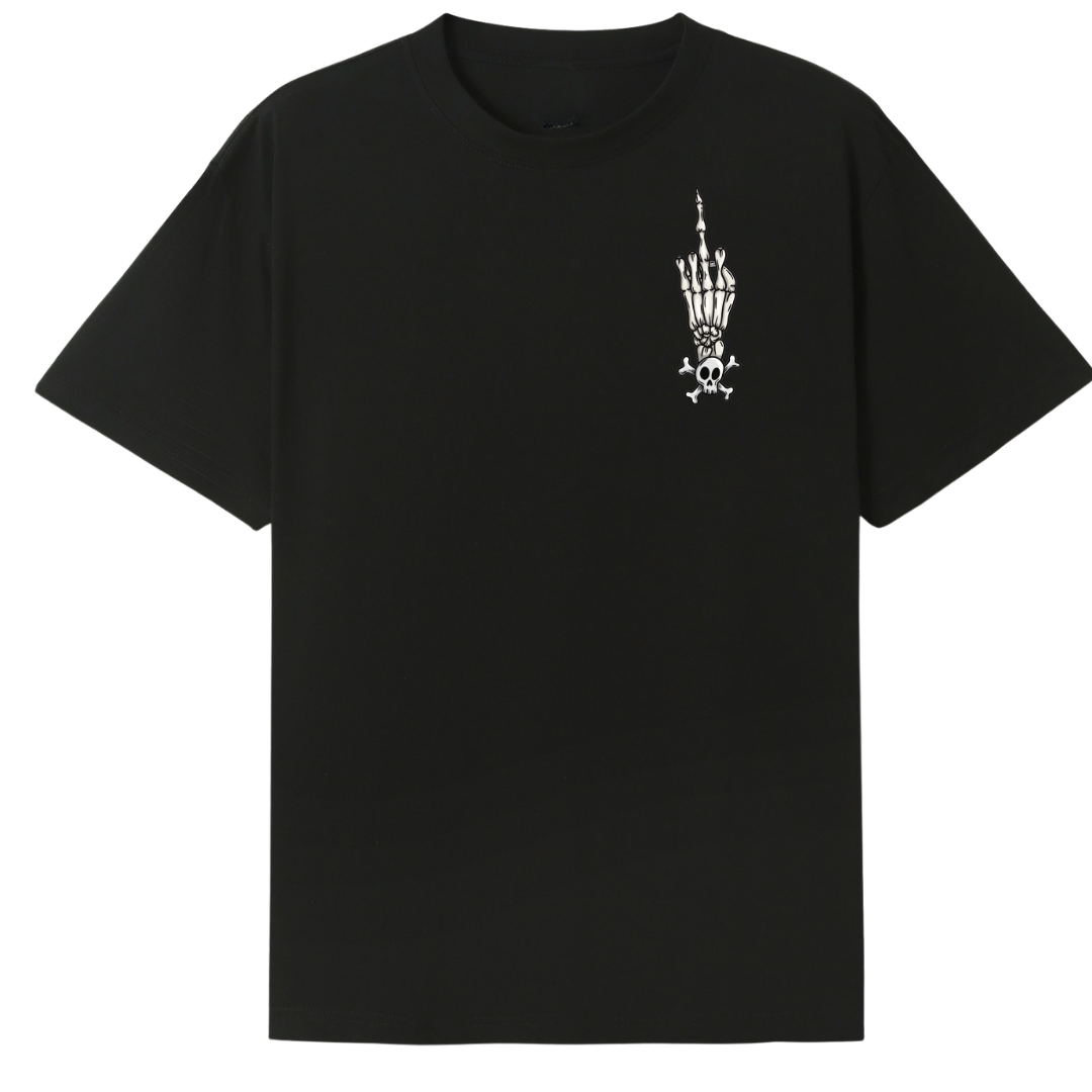 A black oversized tee with a small Fuck Your Feelings graphic on the left chest.