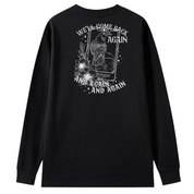 A black long sleeve tee shown from the back, with the We'll Come Back Again graphic printed large across the back, a crow on a tarot card framed by flowers.