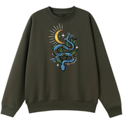 An army green oversized crew neck with the Be Magic snake graphic printed large on the front, a blue floral snake with butterflies under a crescent moon.