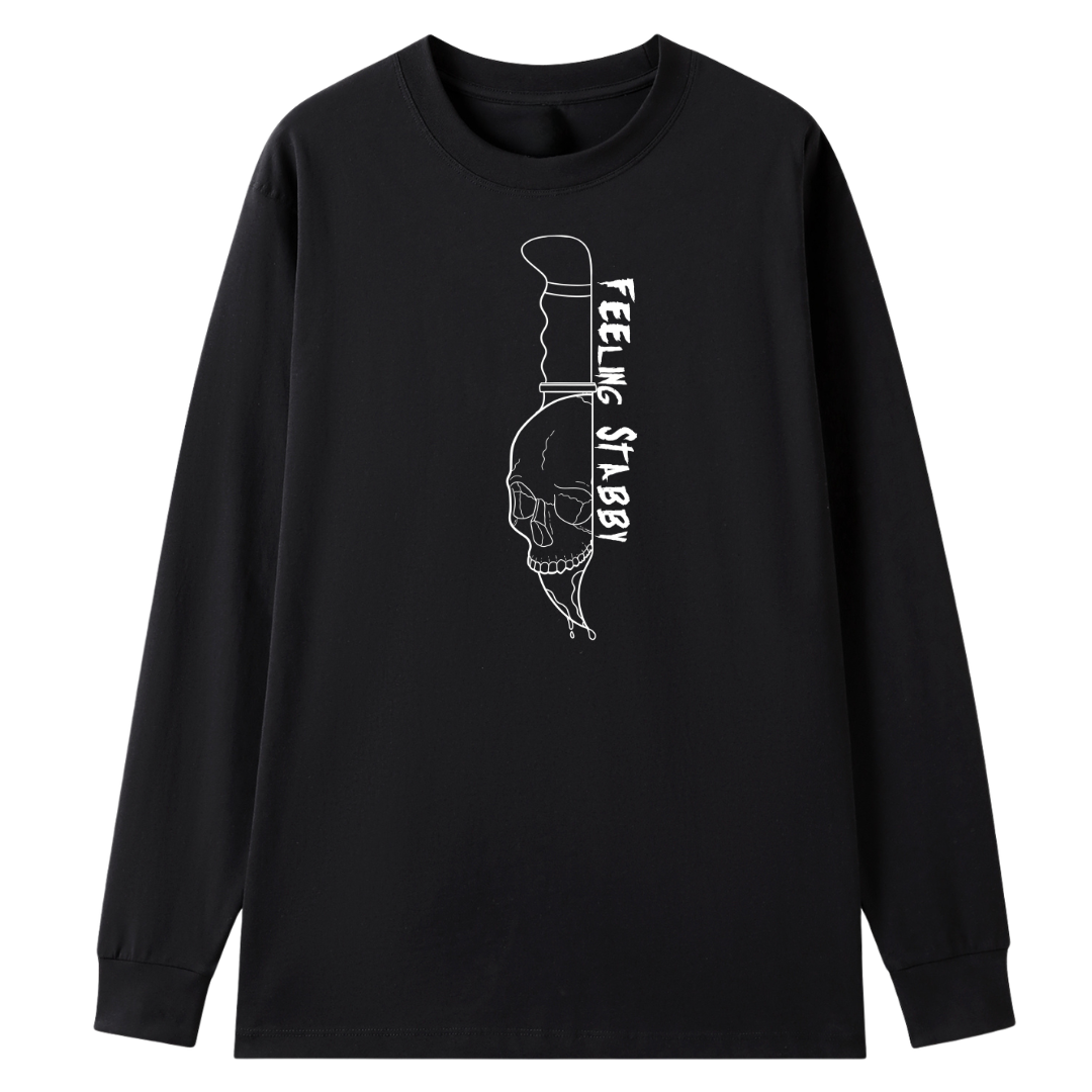 A black long sleeve tee with the Feeling Stabby graphic printed large on the front, a line drawn skull on a knife blade.
