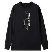 A black long sleeve tee with the Feeling Stabby graphic printed large on the front, a line drawn skull on a knife blade.