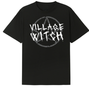 A black oversized tee with the Village Witch graphic printed large on the front, scratchy lettering over a weathered pentagram.