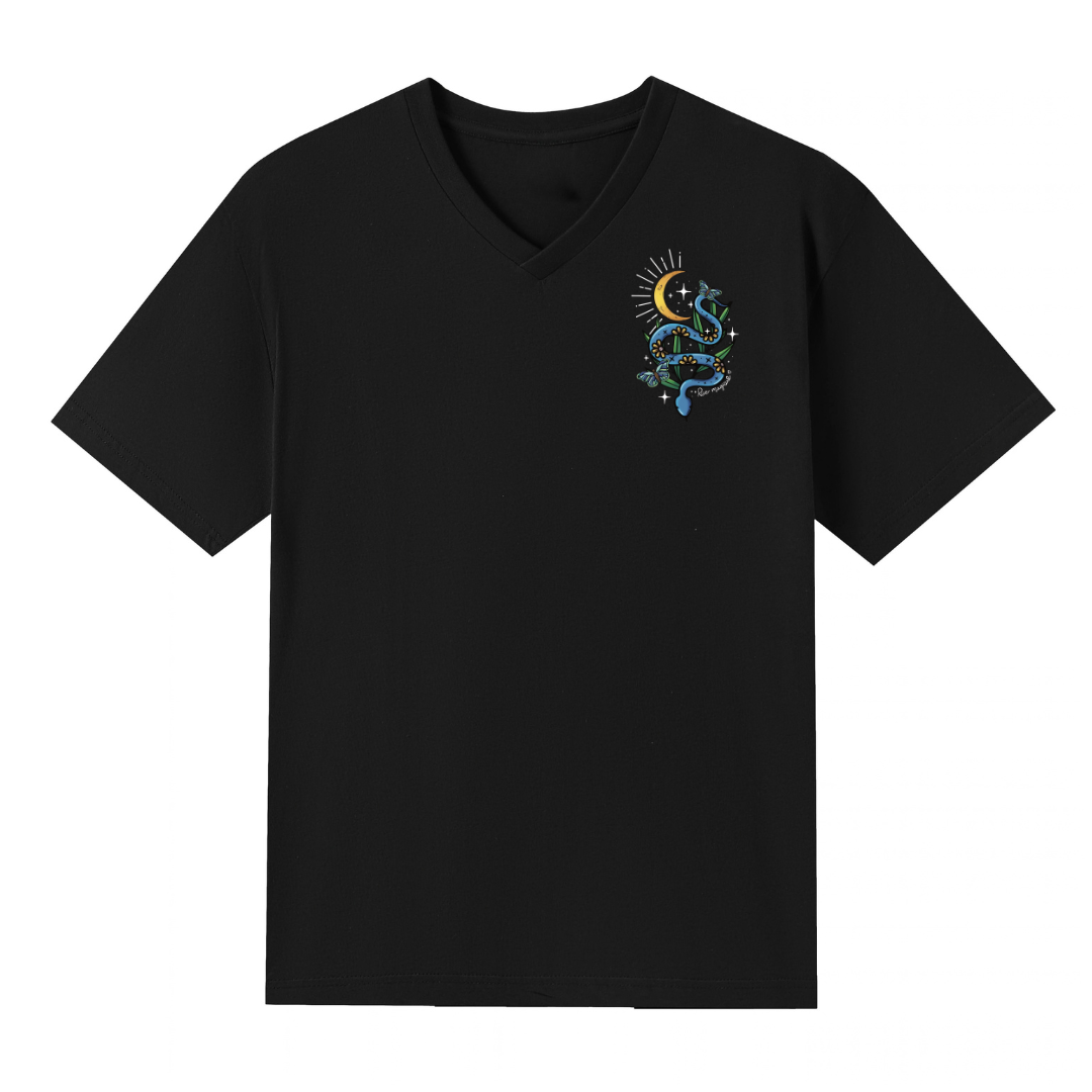 A black V neck oversized tee with a small Be Magic snake graphic on the left chest.