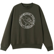 An army green oversized crew neck with the Support Your Local Murder graphic printed large on the front, a crow inside a circular badge.