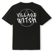 A black oversized tee shown from the back, with the Village Witch graphic printed large across the back, scratchy lettering over a weathered pentagram.