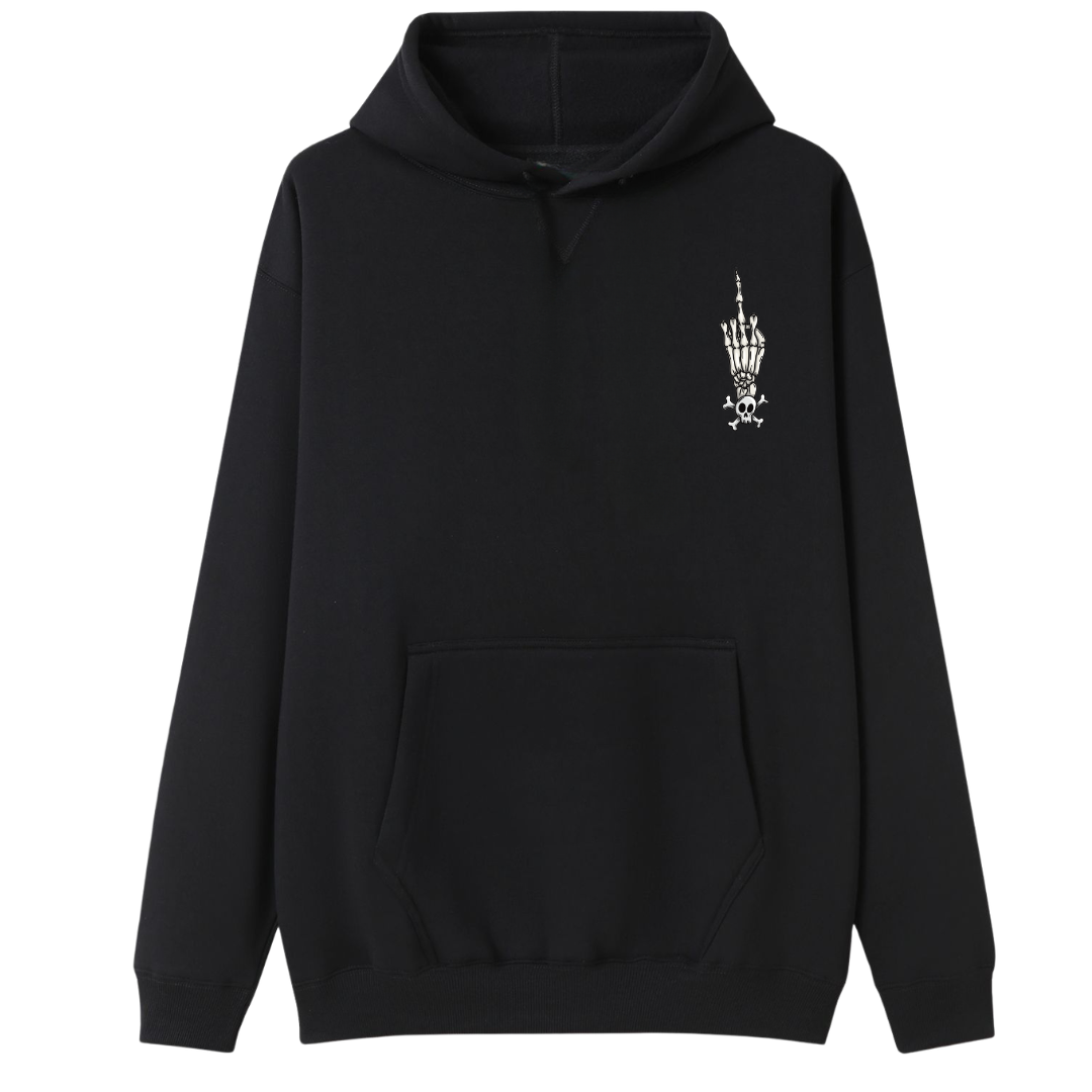 A black oversized hoodie with a small Fuck Your Feelings graphic on the left chest.