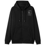 A black oversized zip up hoodie with a small We'll Come Back Again graphic on the left chest.