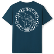 A teal oversized tee shown from the back, with the Support Your Local Murder graphic printed large across the back, a crow inside a circular badge.