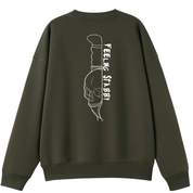 An army green oversized crew neck shown from the back, with the Feeling Stabby graphic printed large across the back, a line drawn skull on a knife blade.