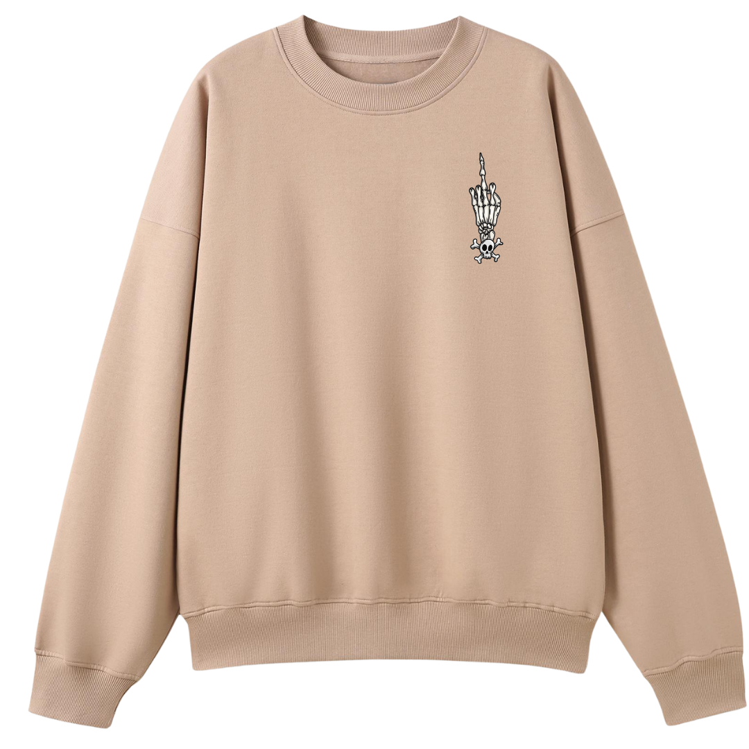 A peach oversized crew neck with a small Fuck Your Feelings graphic on the left chest.