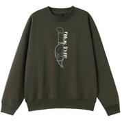An army green oversized crew neck with the Feeling Stabby graphic printed large on the front, a line drawn skull on a knife blade.