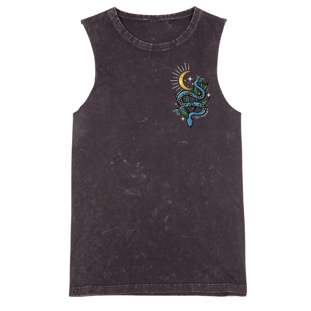 A black stone washed tank with a small Be Magic snake graphic on the left chest.