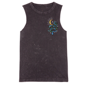 A black stone washed tank with a small Be Magic snake graphic on the left chest.