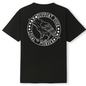 A black oversized tee shown from the back, with the Support Your Local Murder graphic printed large across the back, a crow inside a circular badge.